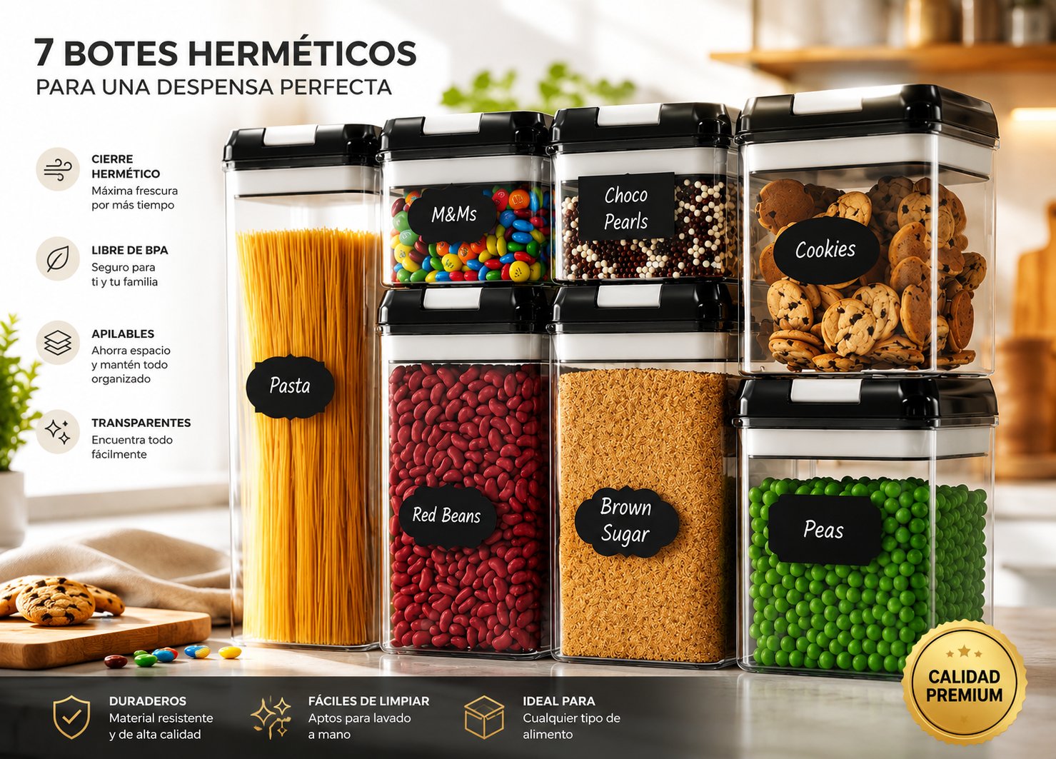Juego De 7 Botes Herméticos De Plástico Para Despensa